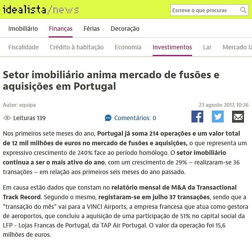 Setor imobilirio anima mercado de fuses e aquisies em Portugal